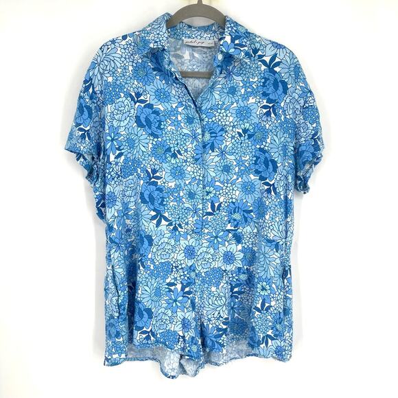 Petal & Pup Cotton Linen Romper Small Blue Floral Print - Picture 1 of 8